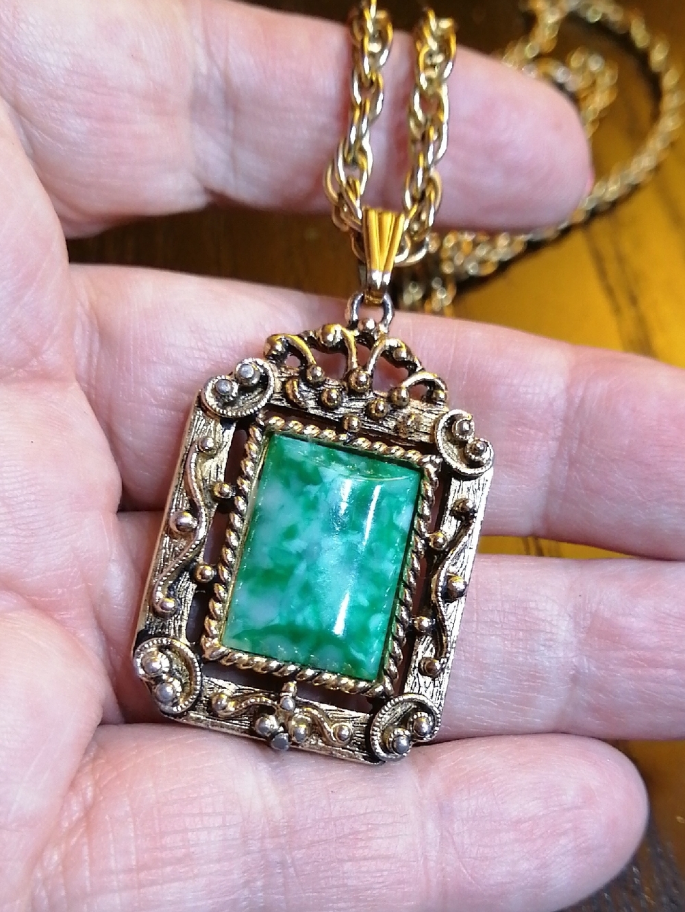 Mystic Reversible Cross And Green Marbled Stone Pendant Necklace 23" Long